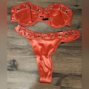 Forplay Coral Satin Lace-Up Bikini Set